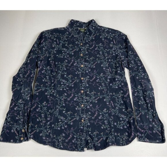 Eddie Bauer Tops - Vintage Eddie Bauer Women L Floral Corduroy Navy Long Sleeve Button Up Shirt